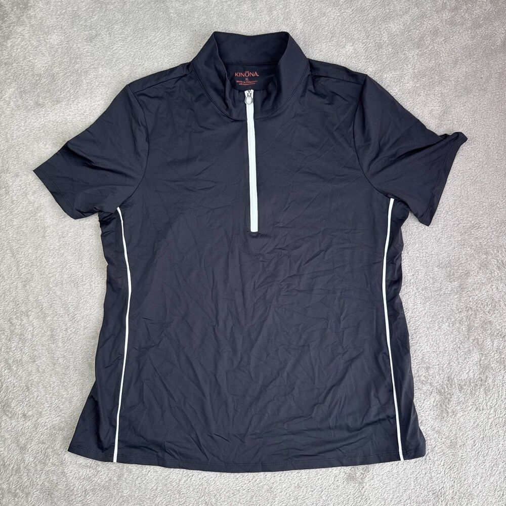 KINONA Polo Shirt Women XL Black Logo Mock Neck Quarter Zip Athletic Golf Tennis